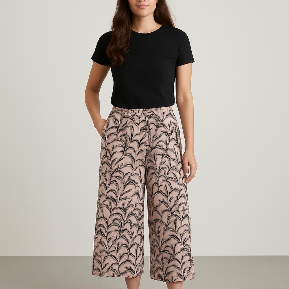 Tahari | Linen Botanical Wide Leg Palazzo Pants, Size XL